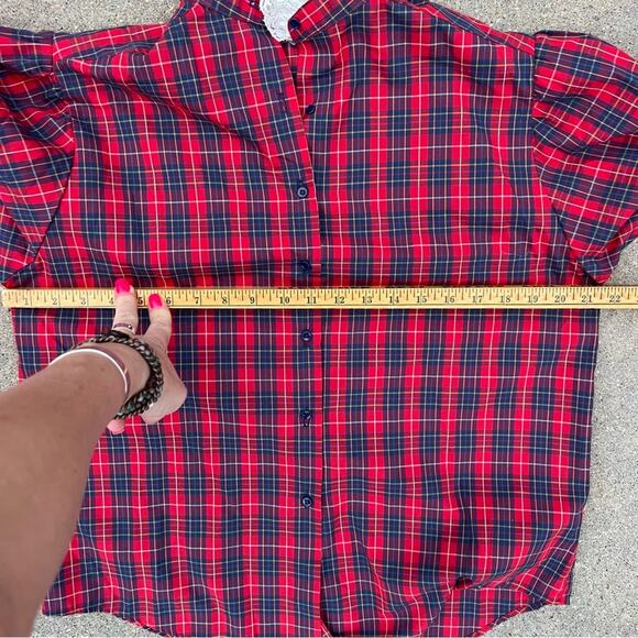 VTG Ms. Sero Red Poplin Christmas Plaid Ruffle Lace L/S Button Up Blouse Size 10 - Picture 5 of 7
